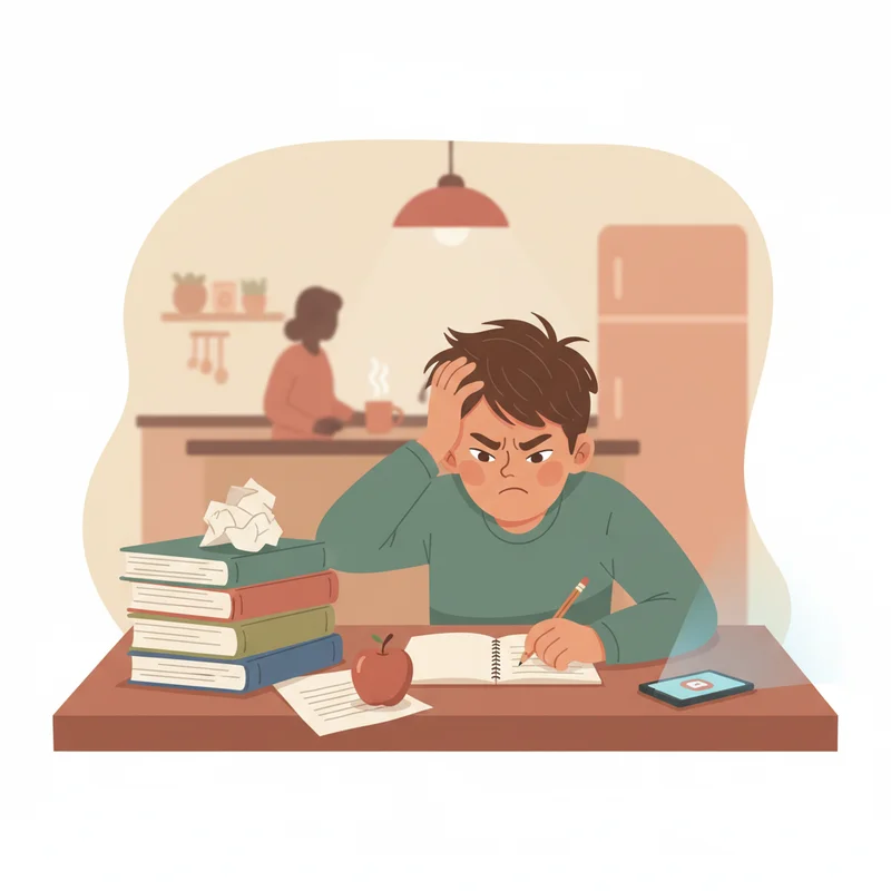 Teenage boy looking frustrated while doing homework at desk, with phone visible nearby, warm kitchen lighting in background showing a realistic homework struggle scene.