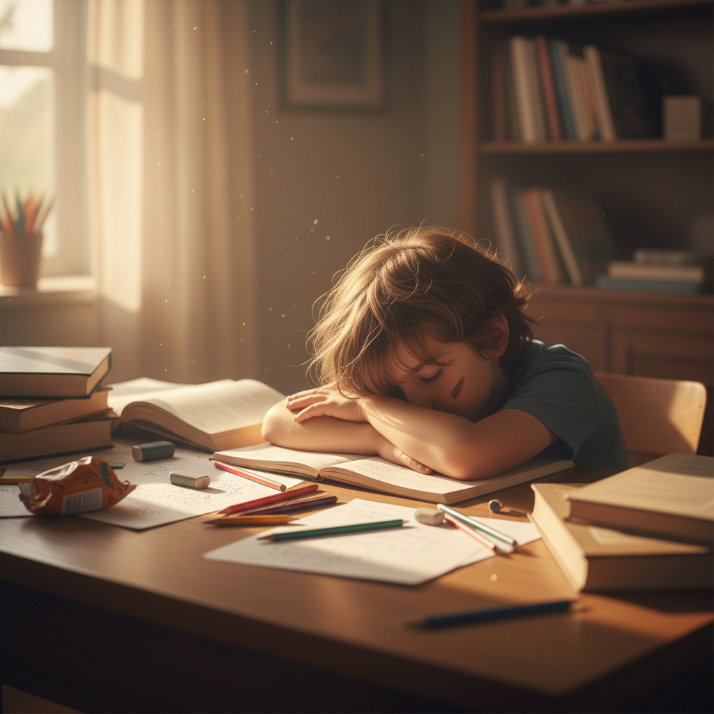 A tired child resting their head on their hands at a homework-covered desk with pencils and papers scattered around, capturing the exhaustion after a long school day.