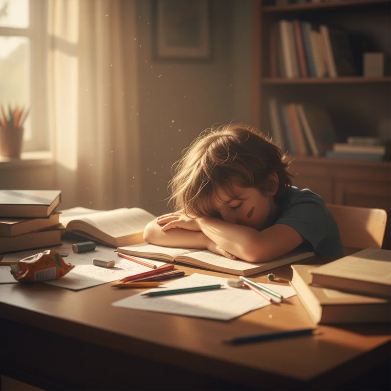 A tired child resting their head on their hands at a homework-covered desk with pencils and papers scattered around, capturing the exhaustion after a long school day.
