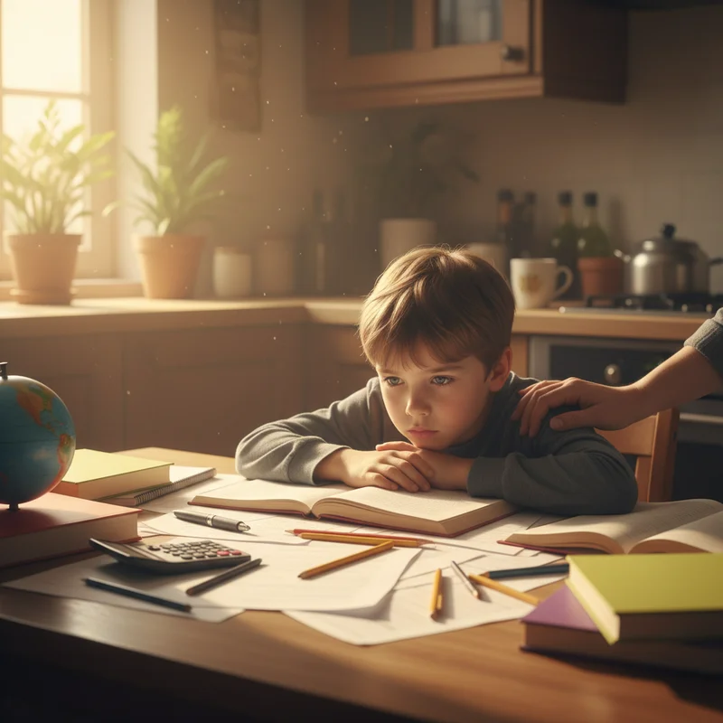Child sitting at desk looking overwhelmed, surrounded by homework papers and school supplies, with parent's supportive hand on their shoulder in warm kitchen lighting.