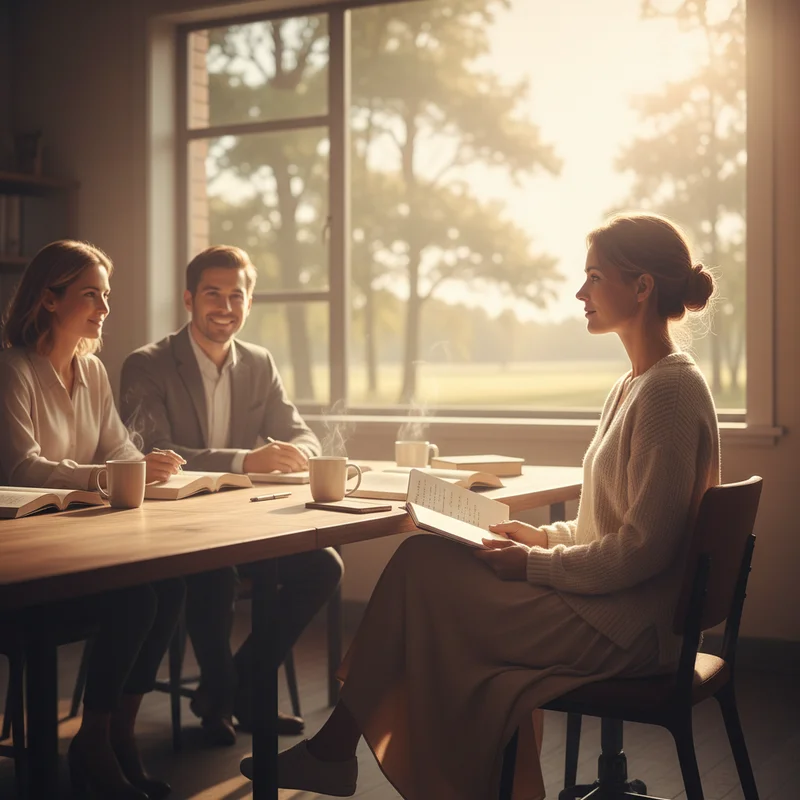 A mother sitting at a school conference table across from teachers, looking calm and holding a notepad with handwritten notes — warm afternoon light, natural setting, no products or text visible.