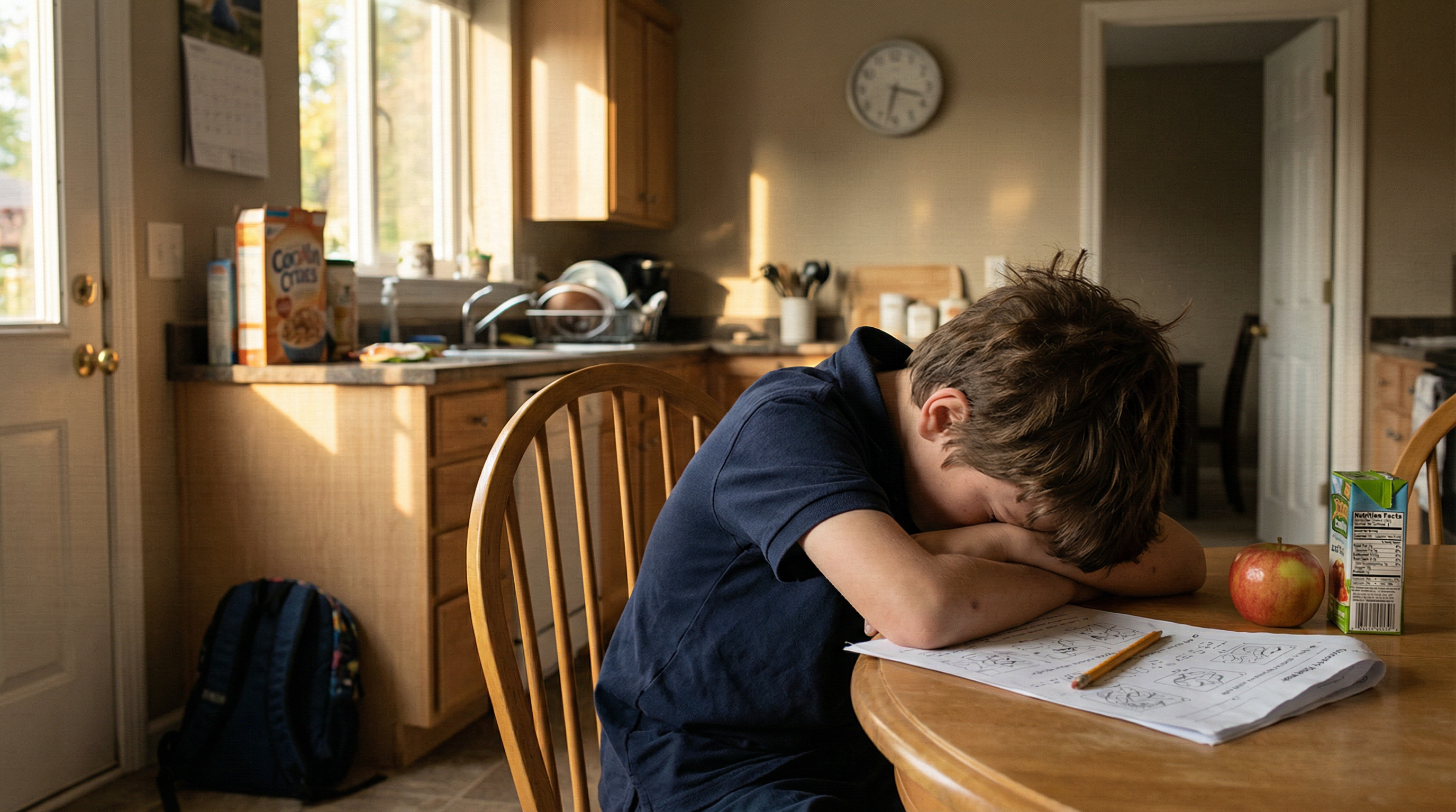 Frustrated child sitting at kitchen table in the afternoon, head in hands, with a clock showing 4 PM