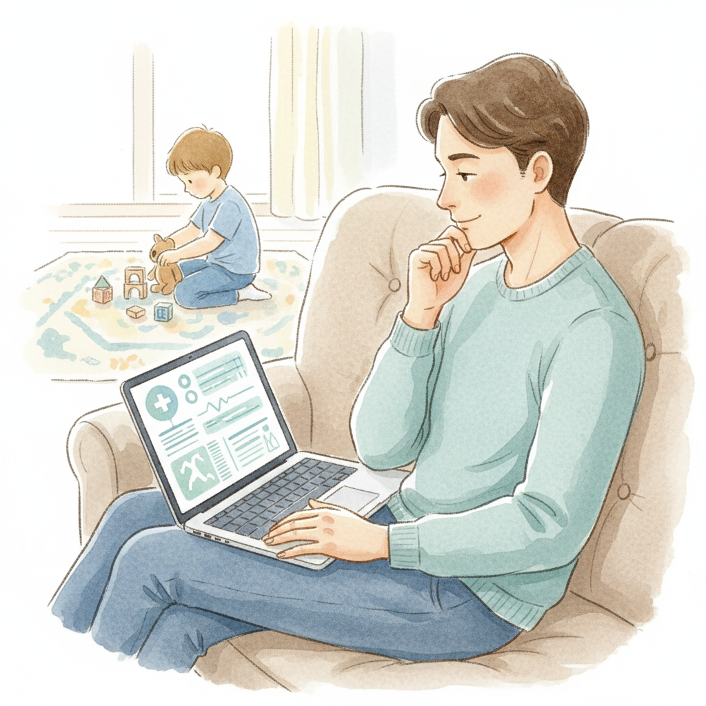 A parent sitting on a couch looking thoughtful while reading medical information on a laptop, with a child playing quietly in the background.