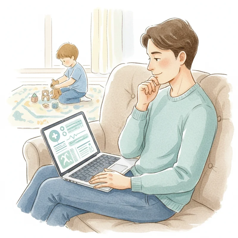 A parent sitting on a couch looking thoughtful while reading medical information on a laptop, with a child playing quietly in the background.