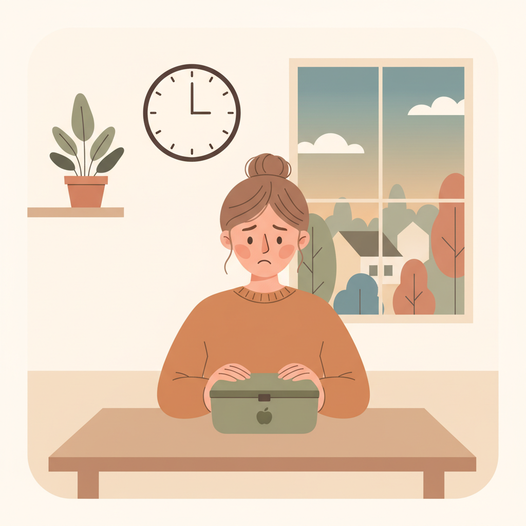 A mother sitting at a kitchen table with a concerned expression, looking at an untouched lunchbox while a clock on the wall shows 3 PM.