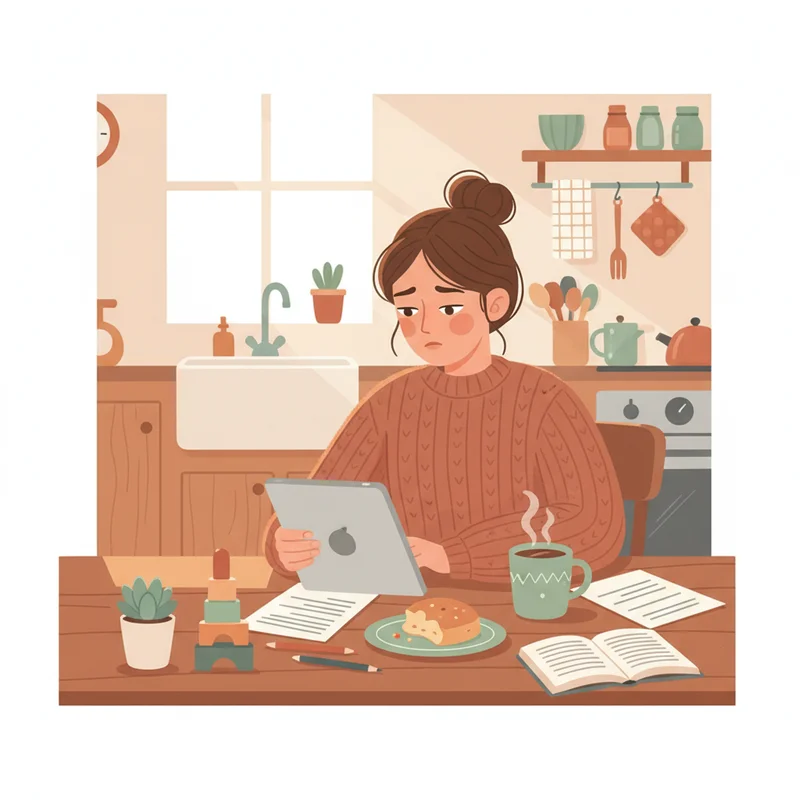 A warm, slightly cluttered kitchen table scene: a mother reviewing papers or a tablet, a half-eaten snack beside her, looking thoughtful and tired but determined. Natural morning light. No products, no text, no clinical imagery.