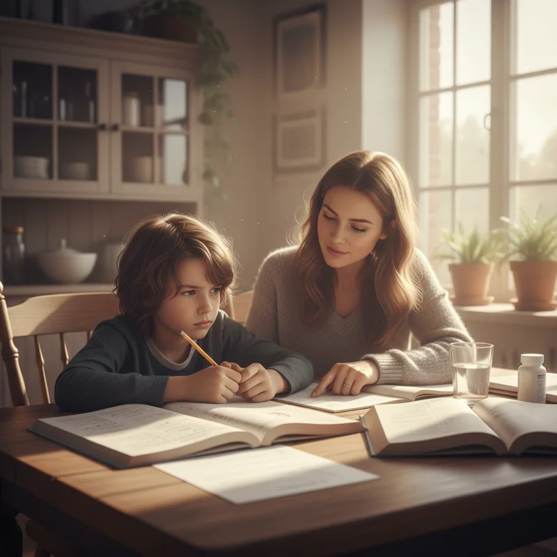 A parent and child sitting together at a kitchen table with homework spread out, the child looking frustrated and unfocused despite being on medication, warm afternoon lighting.