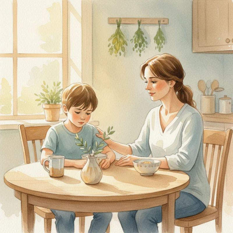 A mother and young child (around age 7-8) sitting together at a kitchen table on a quiet morning, the child looking subdued and the mom gently resting her hand on his arm — a moment of calm reconnection after difficulty, warm natural light, no products visible.