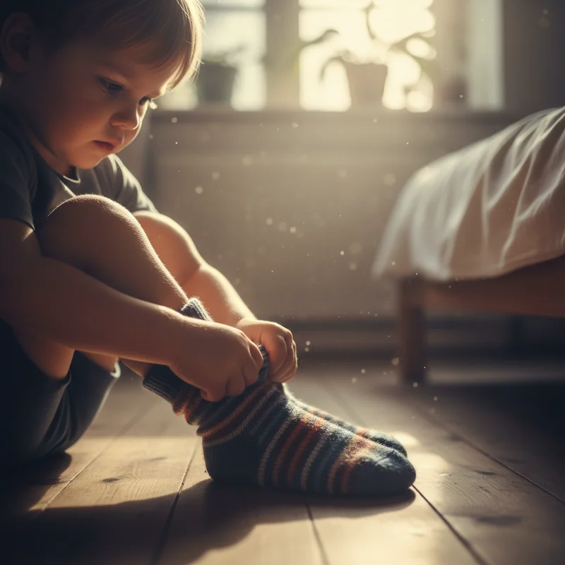 Close-up of a child's hands putting on socks, showing focused concentration in soft morning light through a bedroom window.