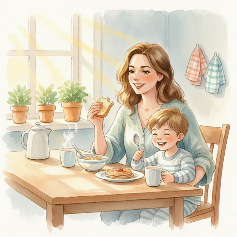 Parent and child sitting together at a kitchen table during breakfast, both looking relaxed and smiling in warm morning sunlight.