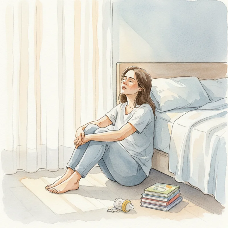 A mother sitting cross-legged on a bedroom floor with her back against the bed, eyes closed, looking exhausted and overwhelmed, soft afternoon light filtering through curtains — no child present, quiet moment of depletion.