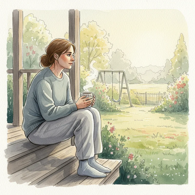 A tired mom sitting on her back porch steps in the early morning, holding a coffee mug with both hands, looking quietly out at the yard before the kids wake up — warm, honest, relatable, no text or logos.