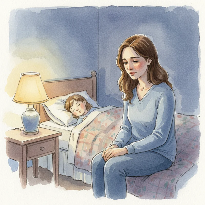 A tired but tender mom sitting on the edge of her child's bed late at night, looking down with a gentle, bittersweet expression — warm bedside lamp light, child asleep in background, quiet and emotionally heavy atmosphere.