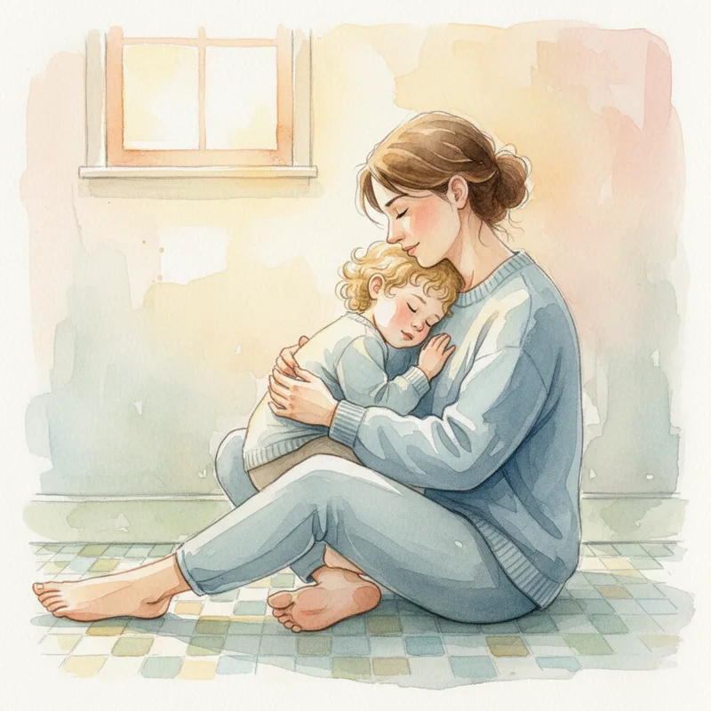 A mother and young child sitting together on a bathroom floor, the child leaning into her, both of them quiet and still — a moment of comfort during a hard day, soft and intimate lighting, no text or product visible.