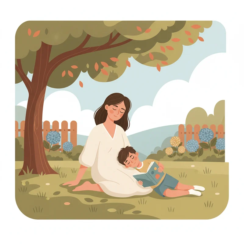 A tired but warm mother sitting cross-legged on a backyard lawn in summer, her young son lying next to her with a book, both relaxed in the shade — quiet connection, not chaos.