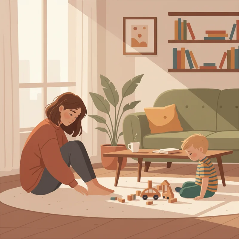 A mother sitting on the floor beside her young son, both looking down, a moment of quiet emotional distance between them in a warm living room. No eye contact. Soft afternoon light. Conveys exhaustion and disconnection, not hostility.