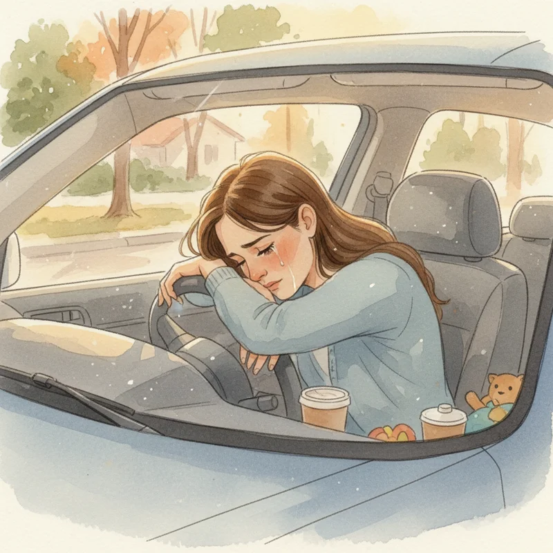 A mother sitting alone in the driver's seat of a parked car, head resting on the steering wheel, visibly exhausted and emotional. Warm afternoon light through the windshield. No other people visible. Conveys quiet grief and exhaustion, not crisis.
