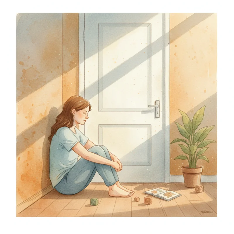A mother sitting cross-legged on the floor outside a closed bedroom door, forehead resting against the wall, taking a quiet moment to breathe and collect herself after a difficult parenting moment. Soft, warm natural lighting. No text, no products.