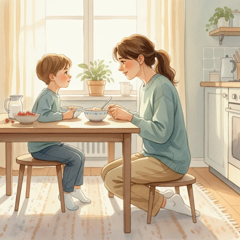A mother kneeling down to eye level with her young son in the kitchen on a quiet morning, both of them having a calm, serious conversation over breakfast — warm light, no products visible, genuine emotional connection.