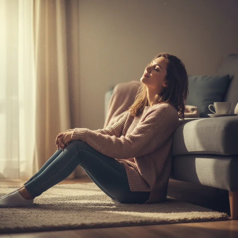 A mother sitting on the floor with her back against the couch, eyes closed, looking exhausted but peaceful, while warm afternoon light comes through a window. No children visible. The scene feels like a quiet stolen moment.