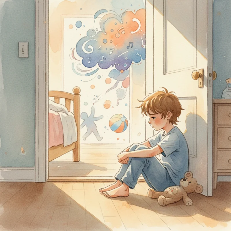 A neurotypical child sitting alone in their bedroom doorway, looking sad and left out while sounds of chaos are implied in the background. Warm afternoon light. No text, no logos.