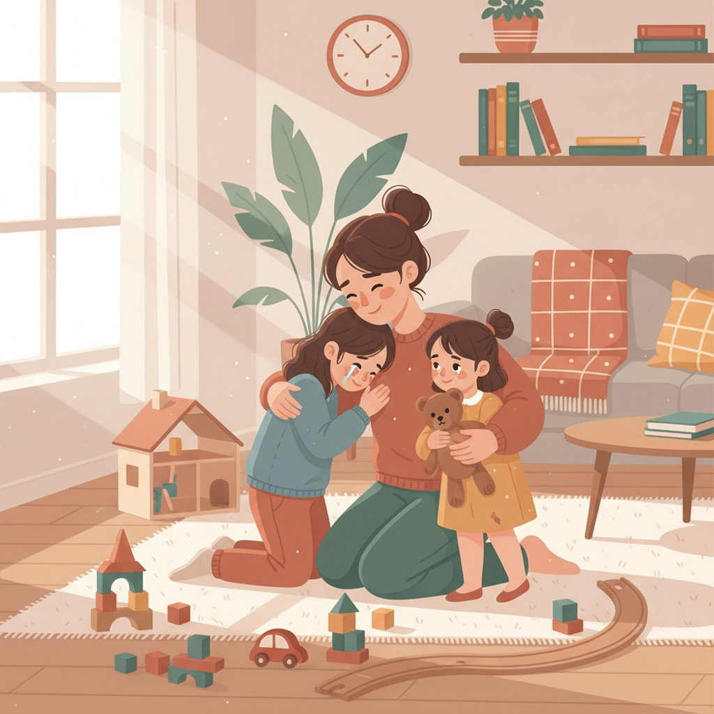 Mother kneeling down to comfort two young daughters after a sibling conflict, with toys scattered on living room floor, warm natural lighting showing a moment of family reconciliation.