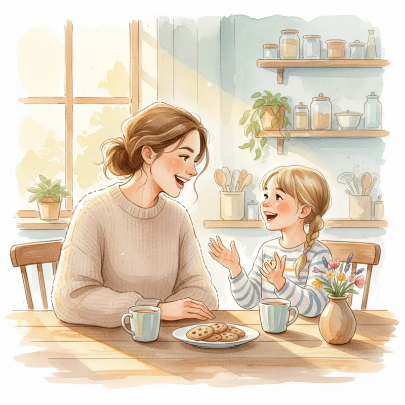 A mom sitting one-on-one with her younger neurotypical daughter at a kitchen table, both smiling and talking, with warm afternoon light — no phones, no distractions, genuinely connected.