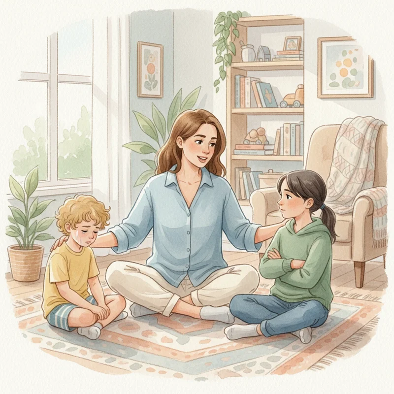 A mother sitting cross-legged on the living room floor between two children of different ages, speaking calmly to both of them after an argument. The mood is warm but serious — not a punishment scene, a repair scene. Natural light, cozy home setting.