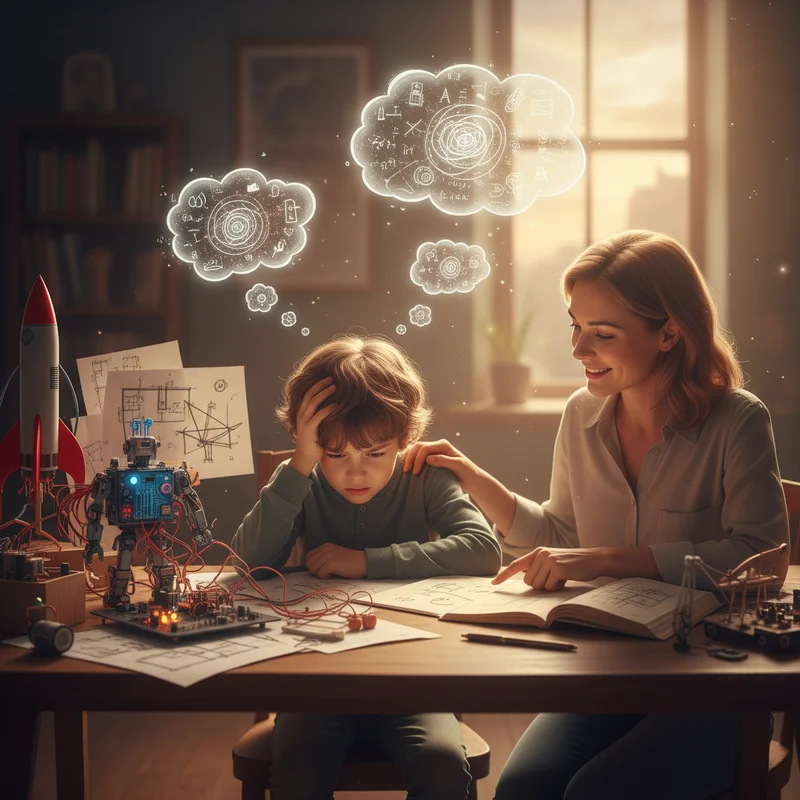 Child sitting at desk surrounded by complex projects and ideas but looking overwhelmed, with supportive parent nearby offering gentle guidance.
