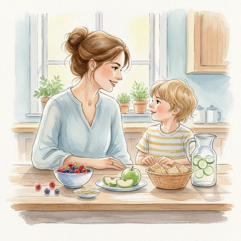 Mother and young child having a calm conversation at kitchen table with healthy snacks spread between them, both looking relaxed and engaged.