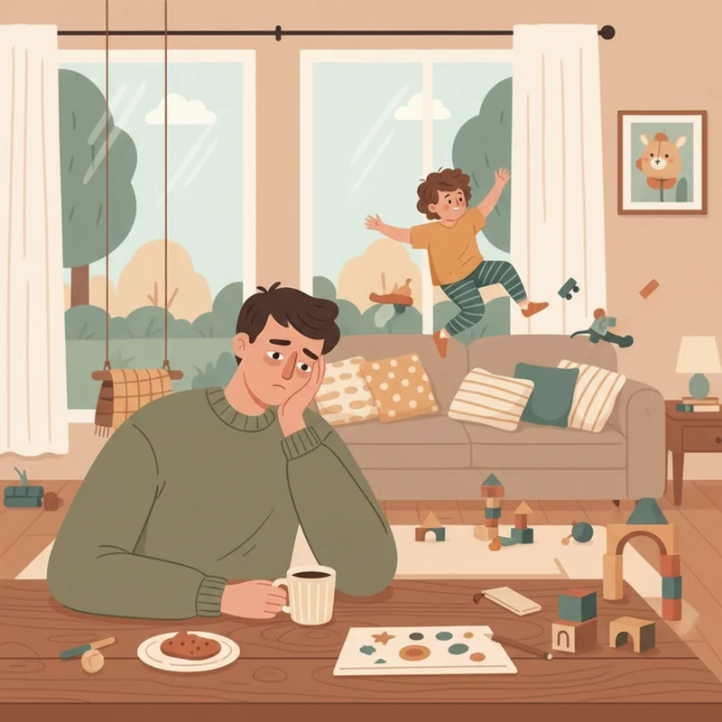 Parent sitting at kitchen table looking exhausted while child plays energetically in background during unstructured afternoon time at home.