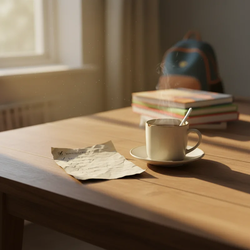 A warm, slightly worn kitchen table scene showing a handwritten checklist or simple paper form next to a coffee mug, soft morning light, no people visible — conveying calm preparation before a busy school day.