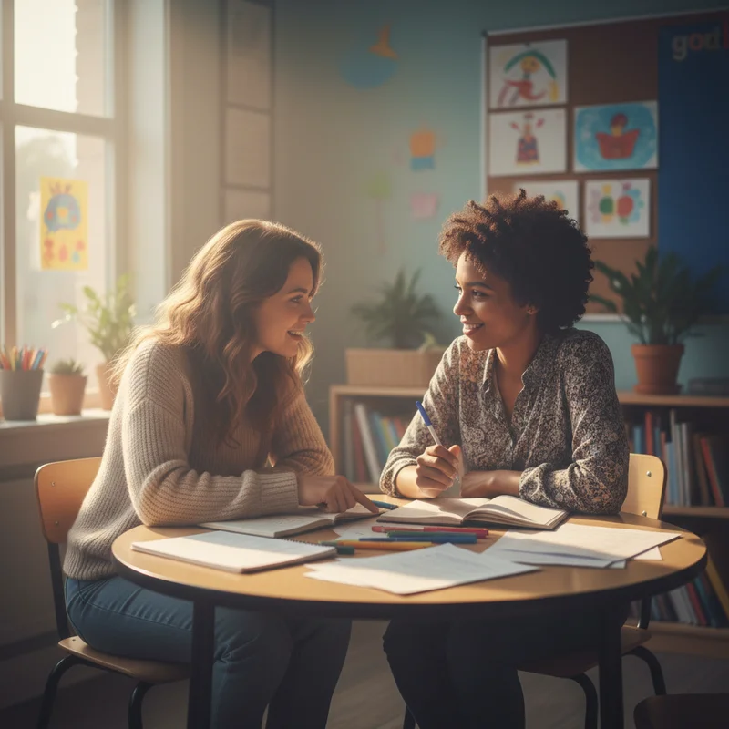 A mom and a teacher sitting across from each other at a small classroom table, both leaning in, reviewing notes together in a warm, collaborative conversation. Natural light, relaxed body language, no tension.