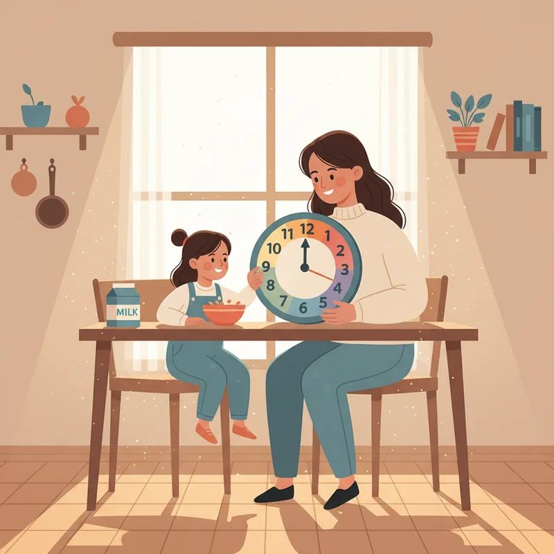 Mother and young child sitting together at kitchen table, mom patiently helping child read a large, colorful analog teaching clock, warm morning light streaming through window