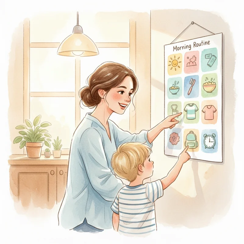 A mother and her young son looking at a colorful visual morning routine chart on the wall together, both smiling and engaged, warm kitchen lighting in background.