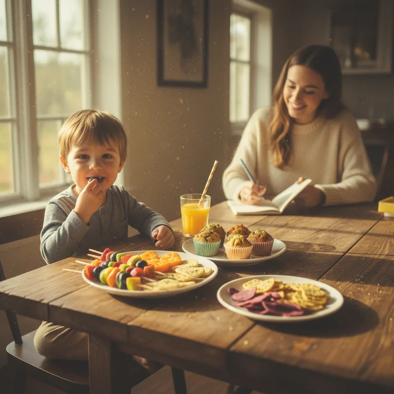 Child sitting at kitchen table with various colorful homemade snacks arranged in front of him, mother taking notes in background, warm afternoon lighting through window.