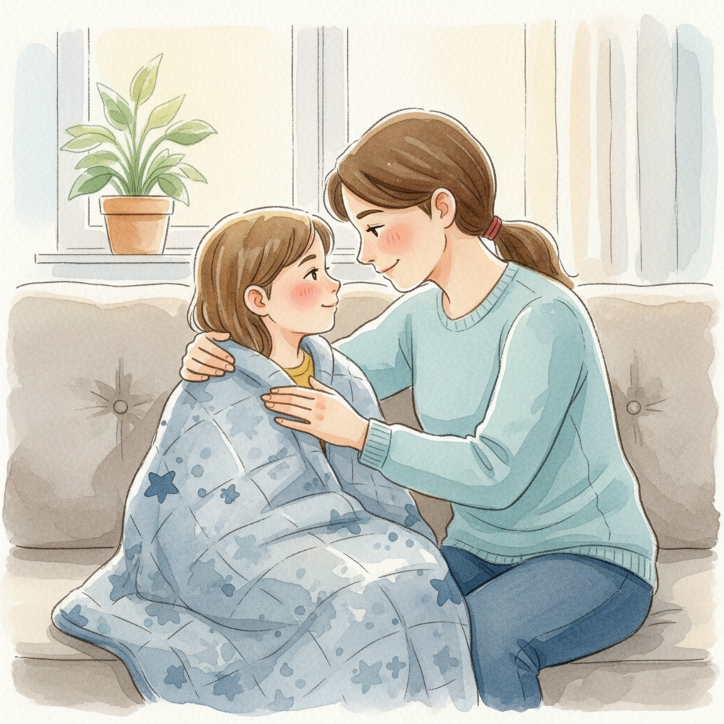 A parent and elementary-age child sitting together on a couch, with the child wrapped in a soft weighted blanket while the parent gently applies pressure to their shoulders, both looking calm and connected.