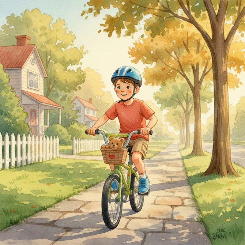 A young boy, around age 7-8, riding a bike on a suburban sidewalk in the early morning, golden hour light, helmet on, expression of joy and focus — no logos, no text, warm and candid.
