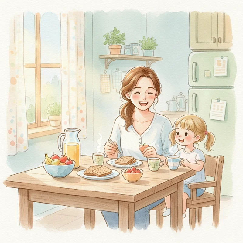 Mother and young daughter sitting at breakfast table together, both smiling, with healthy breakfast foods visible on the table. Warm morning light, cozy kitchen setting.