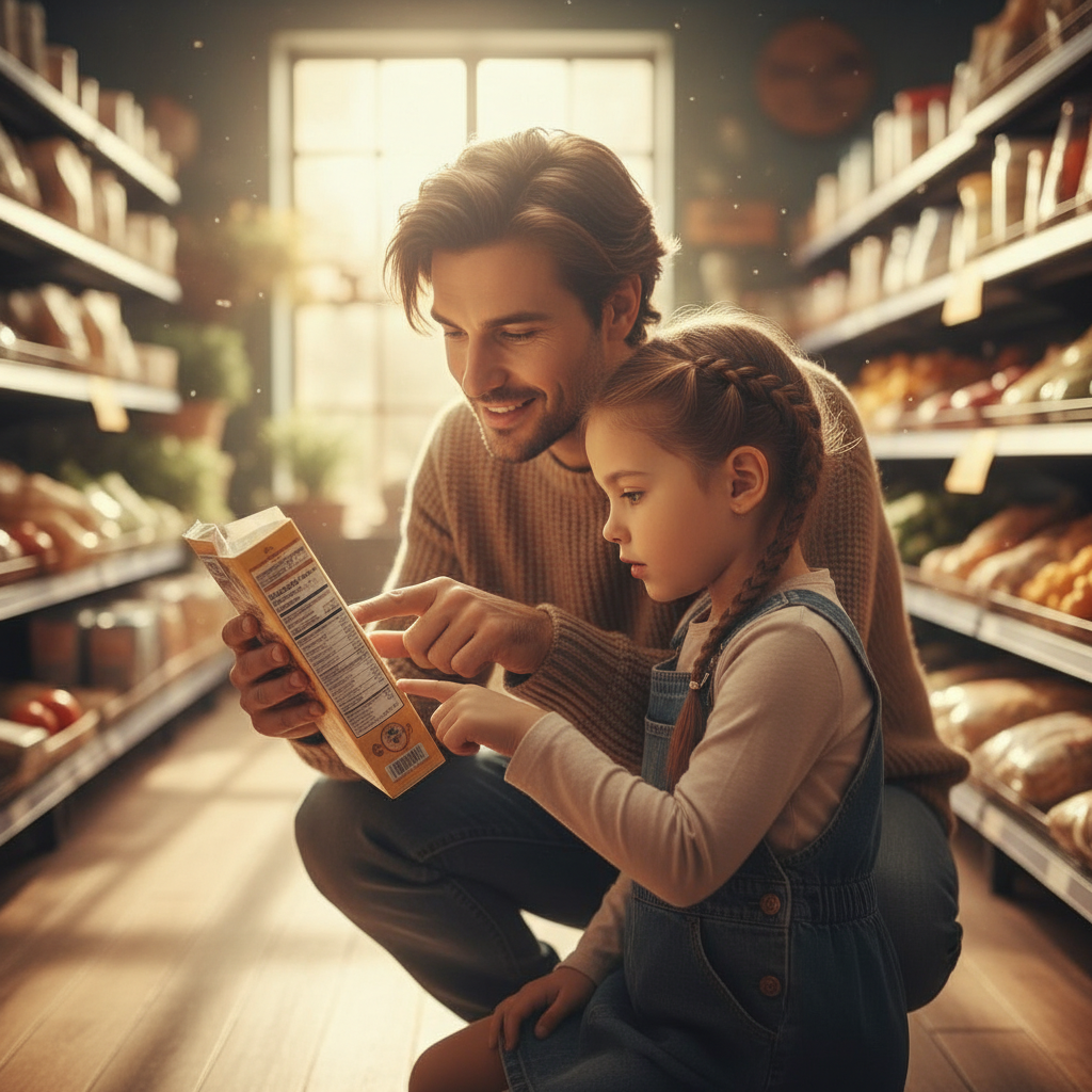 A parent and child reading food labels together in a grocery store, looking focused and engaged in making healthy choices.