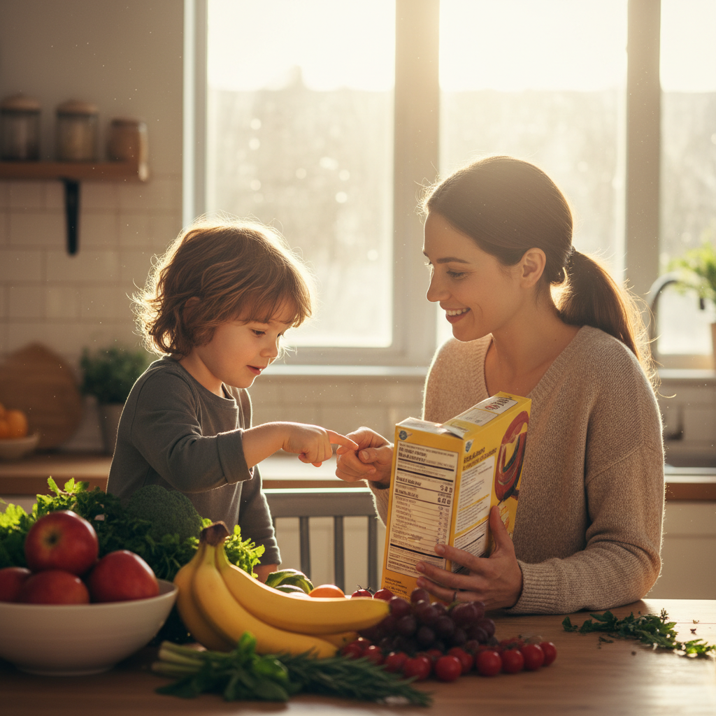 Mother and child shopping for groceries together in the produce section