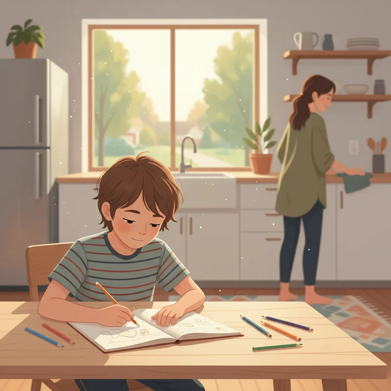 A young boy around age 8-9 sitting at a kitchen table, focused and calmly doing homework or drawing, warm afternoon light coming through the window behind him. His mother is nearby but not hovering. Peaceful, domestic, real.
