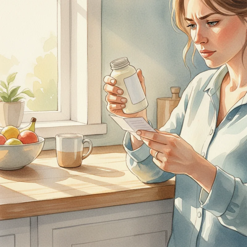 A close-up of a mother's hands carefully reading a supplement label at a kitchen counter, warm morning light, no product branding visible, conveying careful, thoughtful parenting.