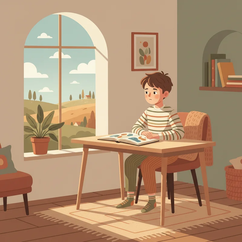 A young boy sitting at a wooden desk near a sunny window, staring out distantly with an open book in front of him — calm but clearly not engaged, warm and relatable home setting, no text or products visible.