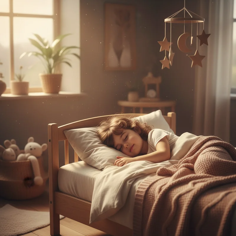 A peaceful child sleeping soundly in their bed with soft lighting, showing the calm that parents hope to achieve with natural sleep support.