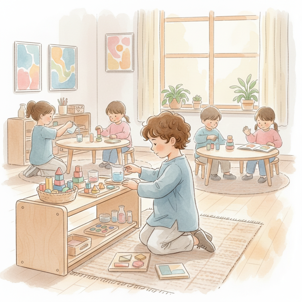 A child in a bright Montessori classroom choosing between different learning materials on low wooden shelves, with other children working quietly at small tables in the background.