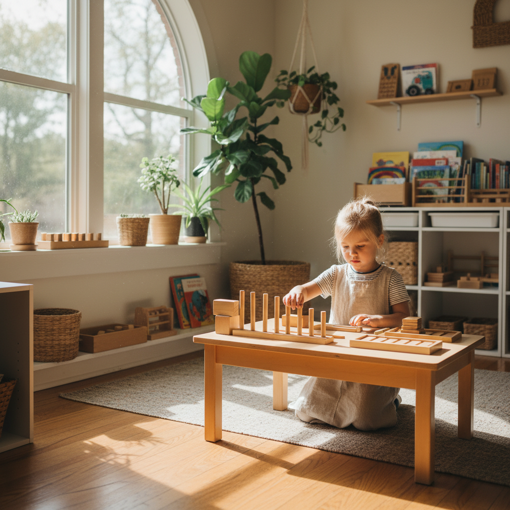Child working independently at a Montessori learning station