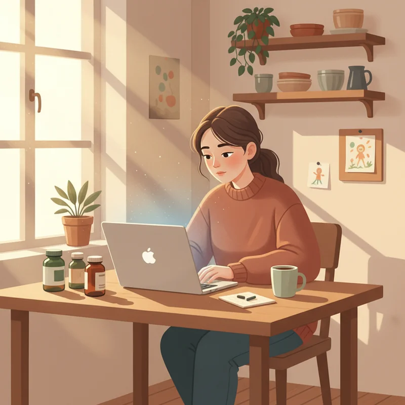 A tired but hopeful mother sitting at her kitchen table surrounded by various supplement bottles, looking at her laptop with warm afternoon light coming through the window — candid, realistic, not staged.