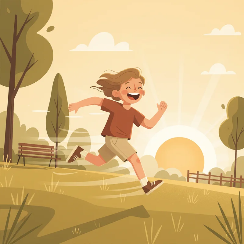 A child running joyfully through a backyard or park on a sunny morning, motion blur suggesting speed, warm golden-hour light, no adults visible — conveys energy, freedom, and the pure physical joy of movement.