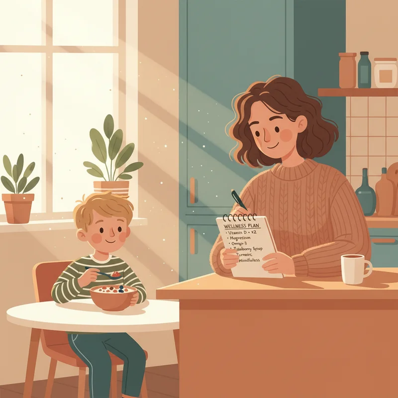 A warm, candid kitchen scene: a mother reviewing a notepad list of supplements and natural options at the counter while her young son eats breakfast nearby, soft morning light, no products visible, mood is thoughtful and hopeful.